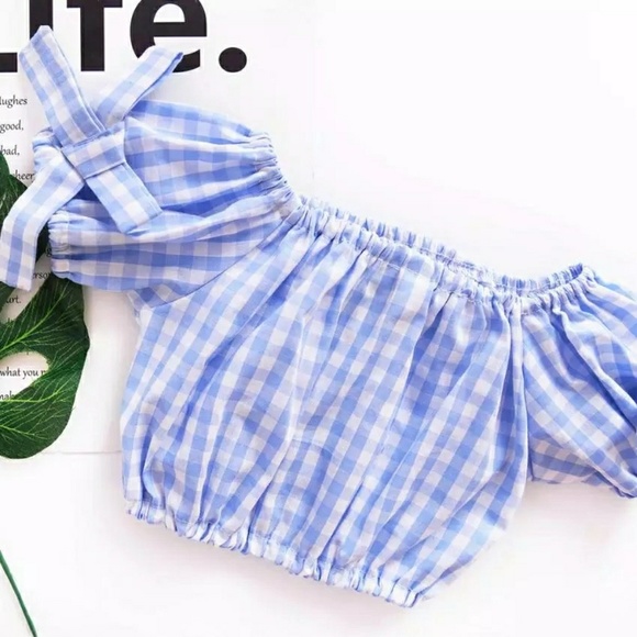 Toddler Girl Plaid Print Off Shoulder Bowknot Set - Picture 3 of 7